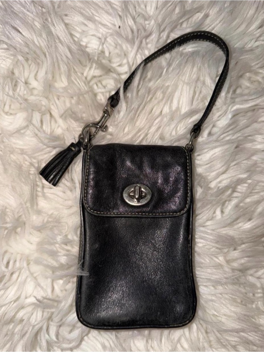 Coach Black Leather Wristlet with Turnlock and Tassel